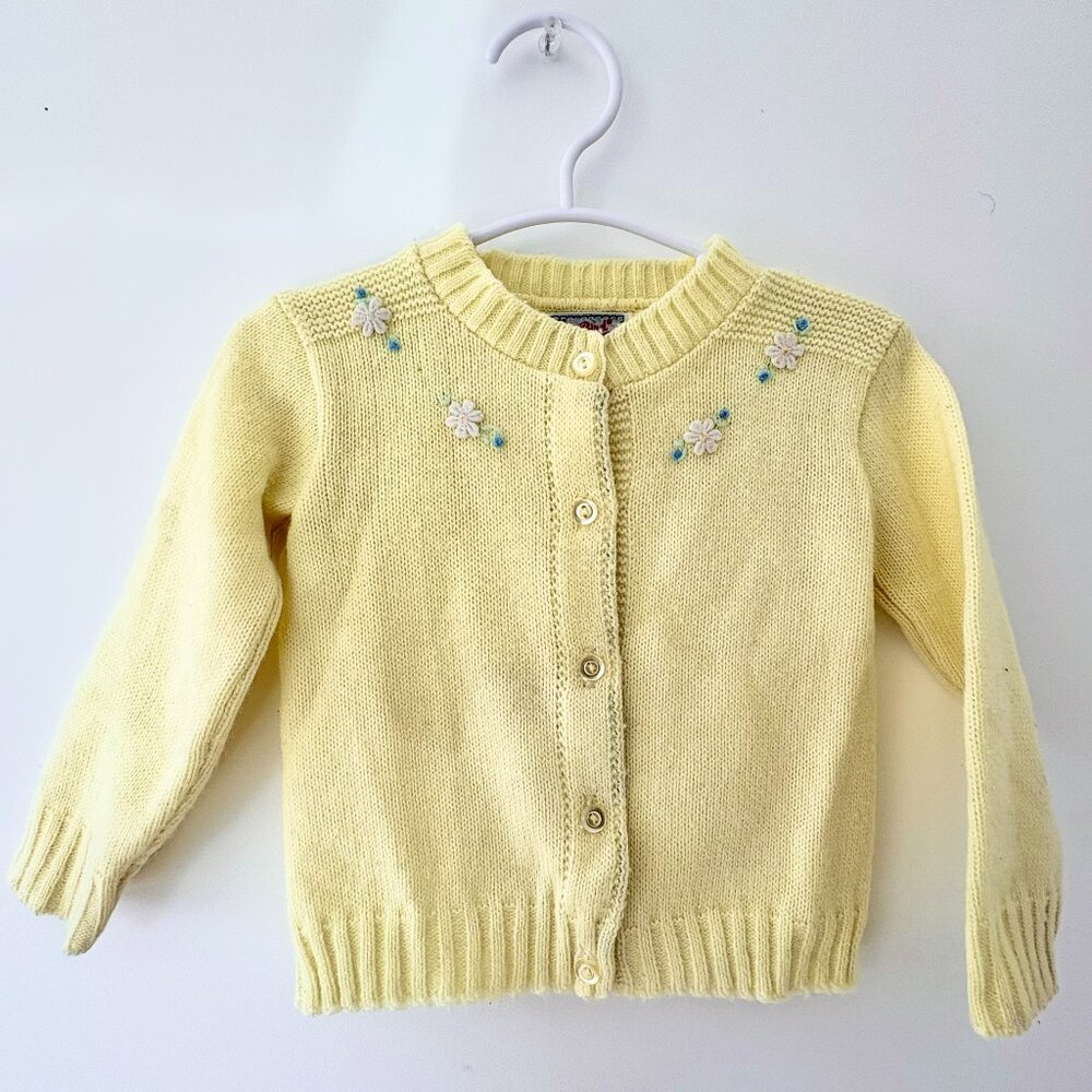 Vintage Blue Bird Yellow Embroidered Daisy Baby 12-24M Cardigan Made in USA